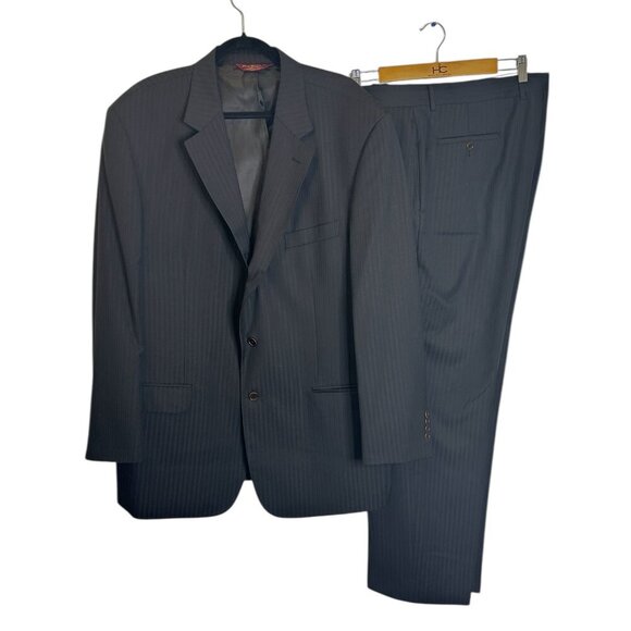 Pronto Uomo Couture Italian Black Striped Suit Sz 48L 100% Wool Lightweight Prom - Picture 1 of 8